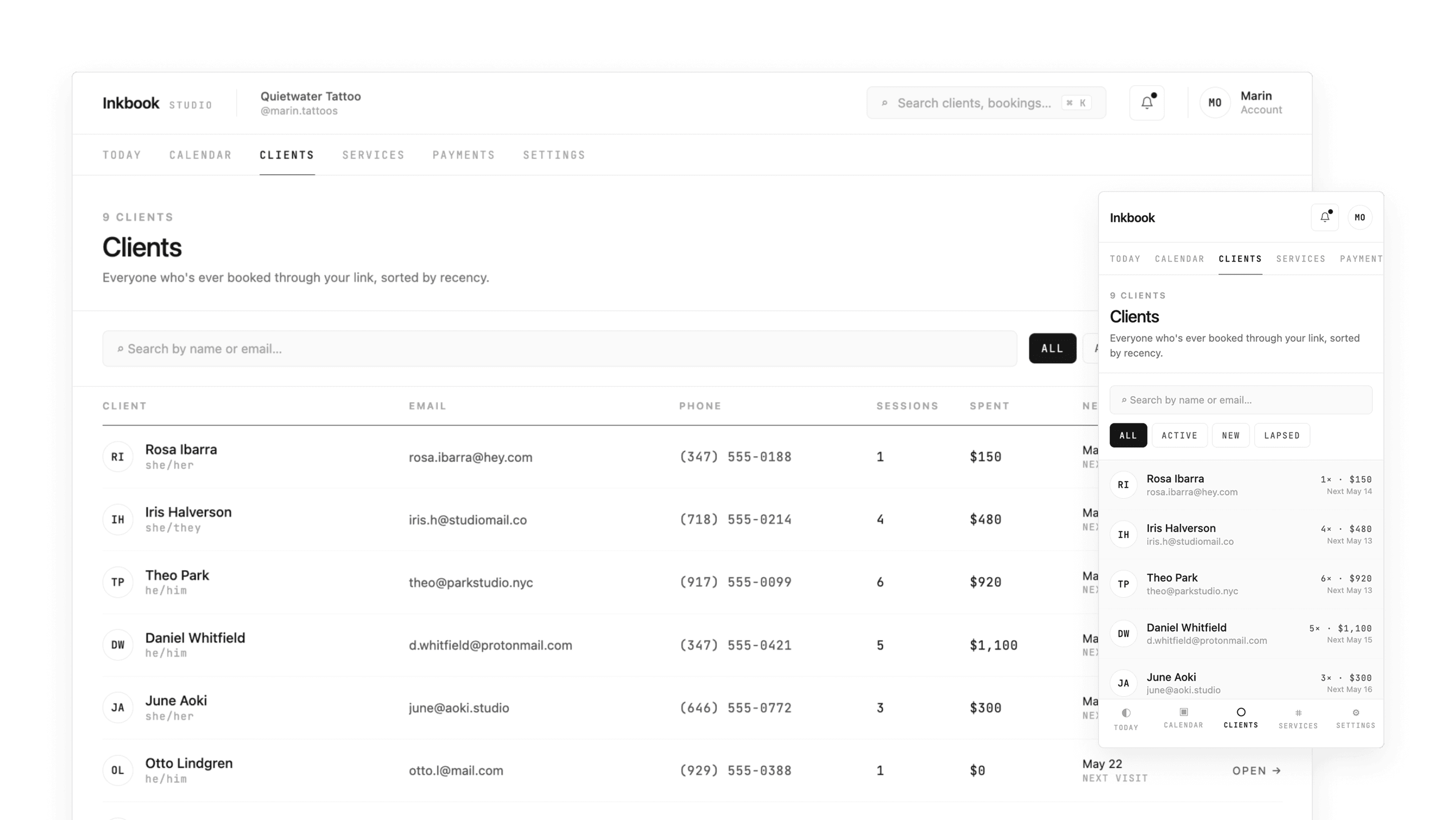 Client list view showing centralized client information