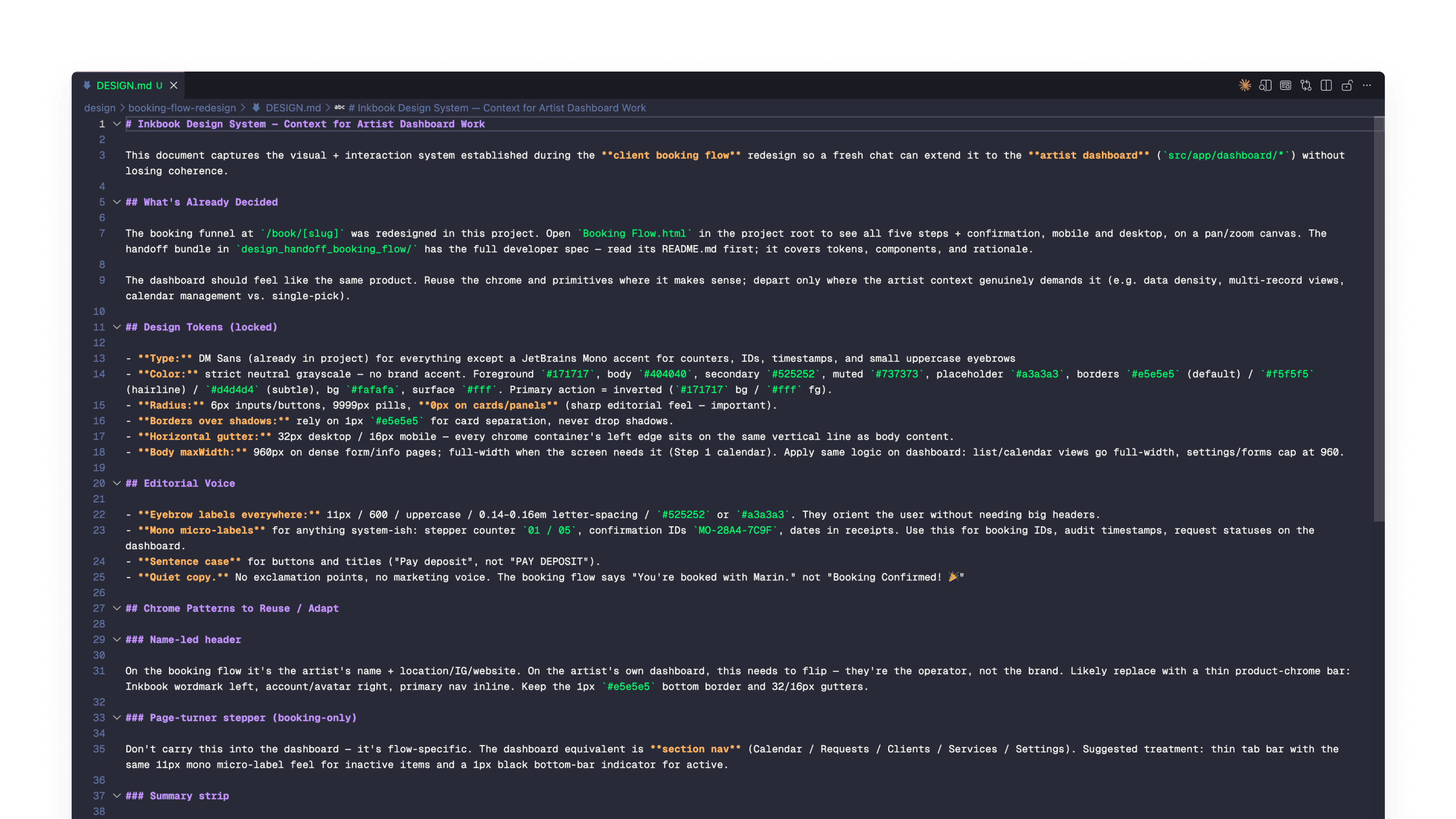 Markdown documentation of design decisions, tokens, voice, and patterns