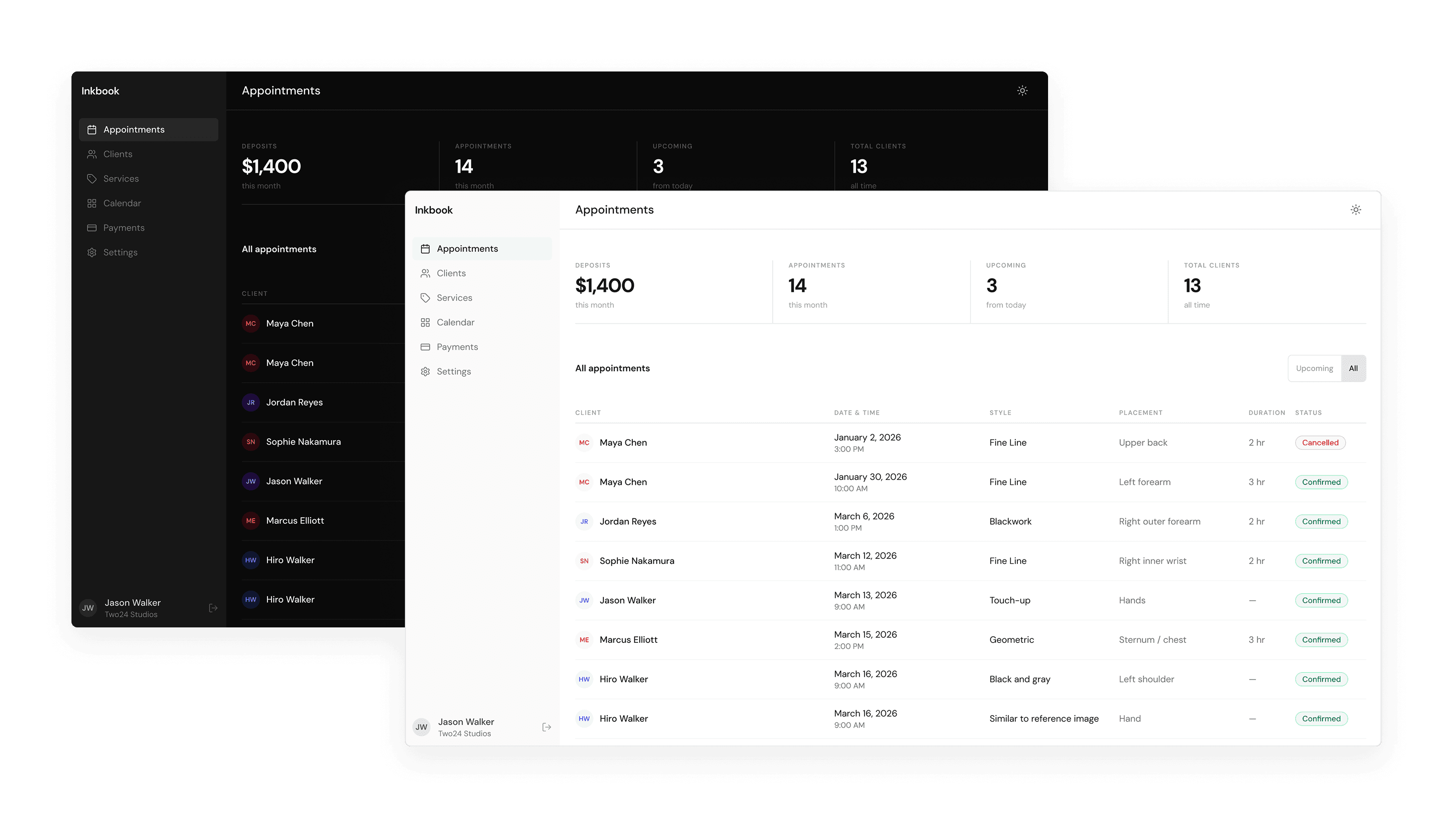 Inkbook UI shown side by side in light and dark themes